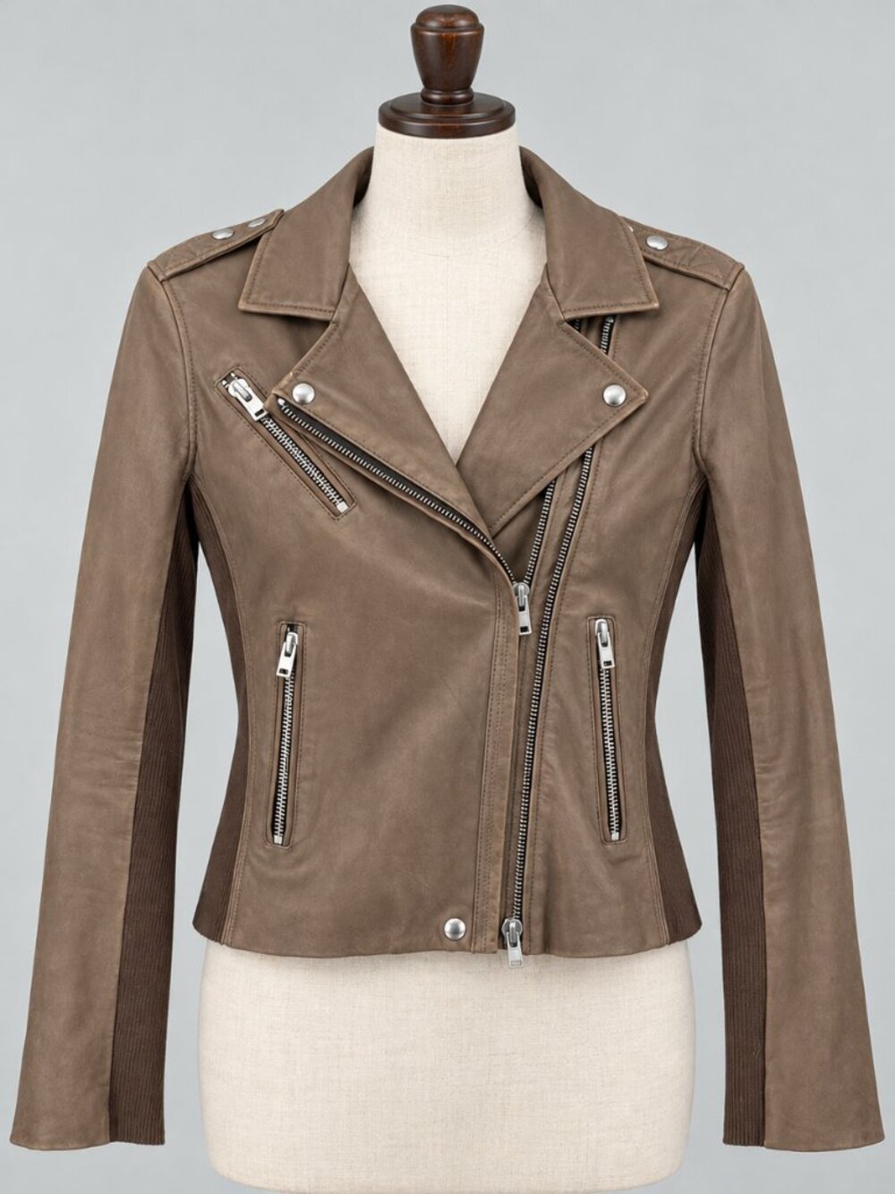 IRO Jacket Womens US 8 40 Brown Lamb Leather Vika Moto Zip Front Biker Ribbed
